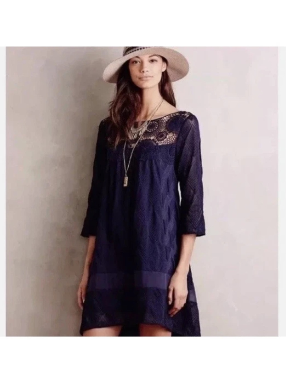 Anthropologie Meadow Rue Navy Crochet Flower Dress - size Extra Small